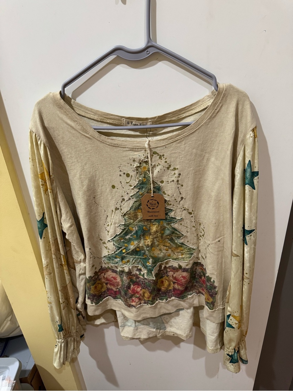 Women's Cream Long-Sleeve Christmas Tree Print Top
